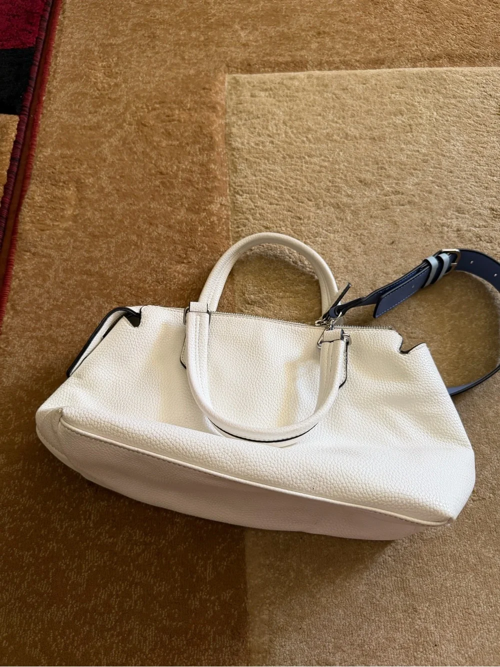 GUESS White Satchel with Blue Floral Accents and Navy Strap